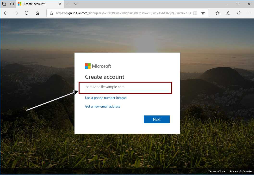 Microsoft account creation form