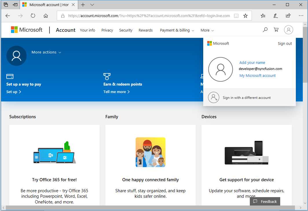 Microsoft account manager home page