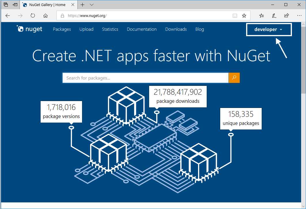 NuGet Gallery home page after signing in