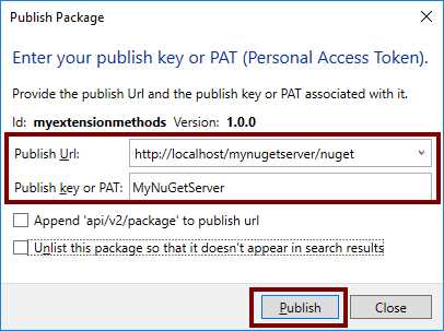 NuGet Package Explorer Publish Package dialog box