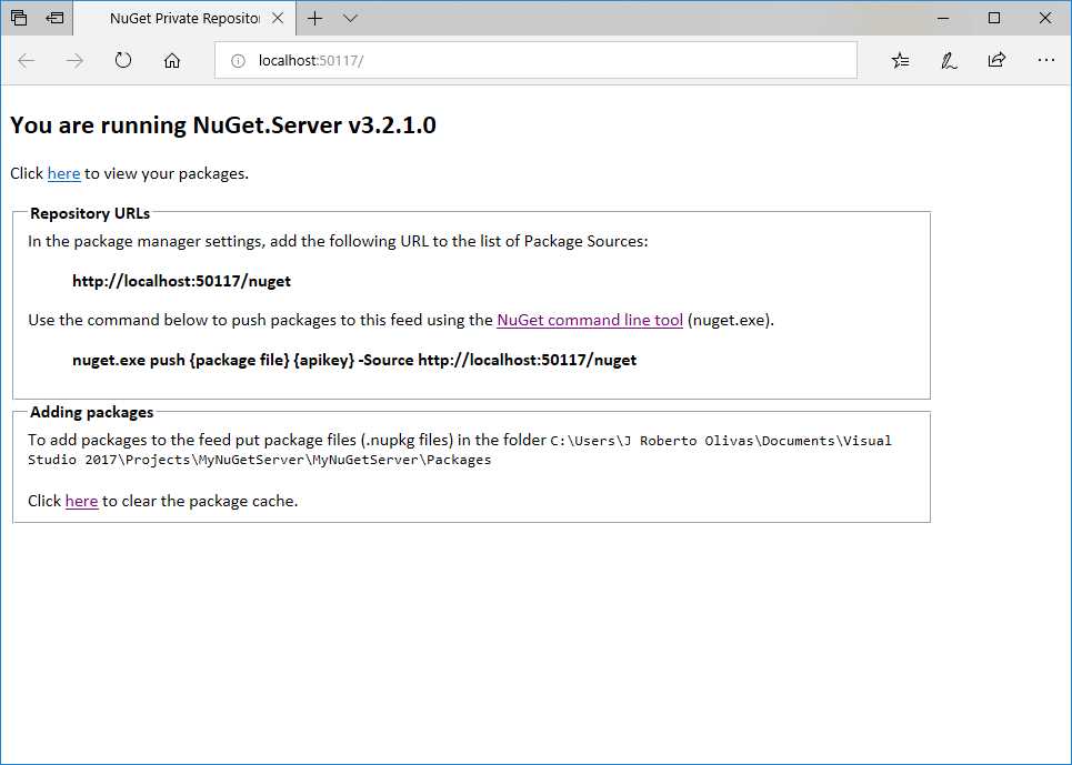 NuGet Server webpage in Microsoft Edge