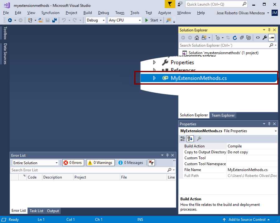 Our project after renaming the Class1.cs file