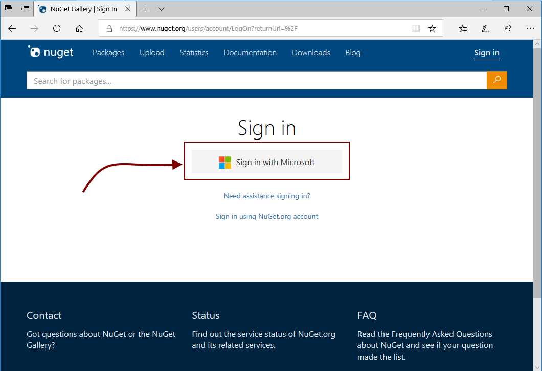 Signing in to NuGet Gallery, step 1