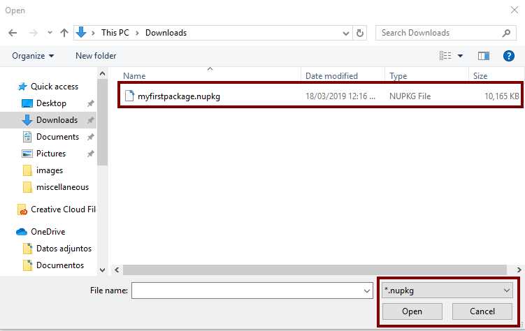 The Open dialog box when selecting a package to upload