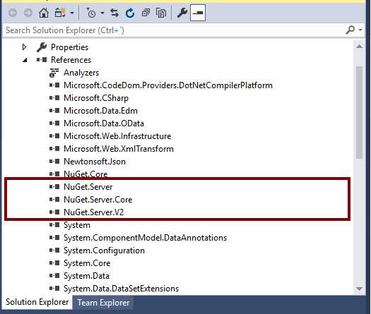 The Solution Explorer after installing the NuGet.Server package