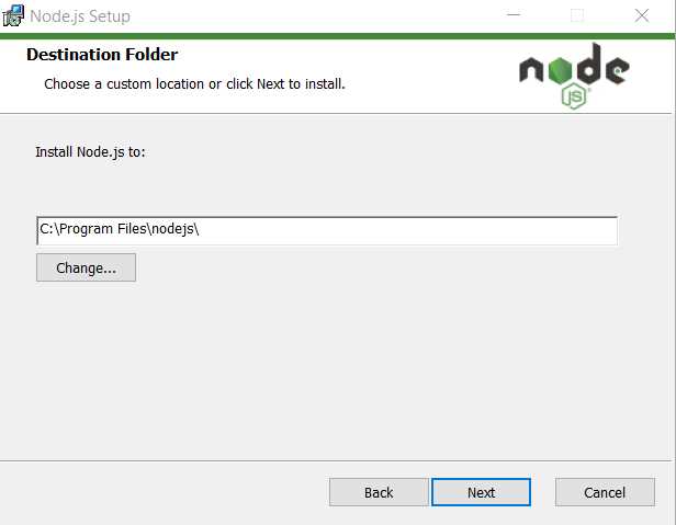 Node.js Installation (Destination Folder Screen)