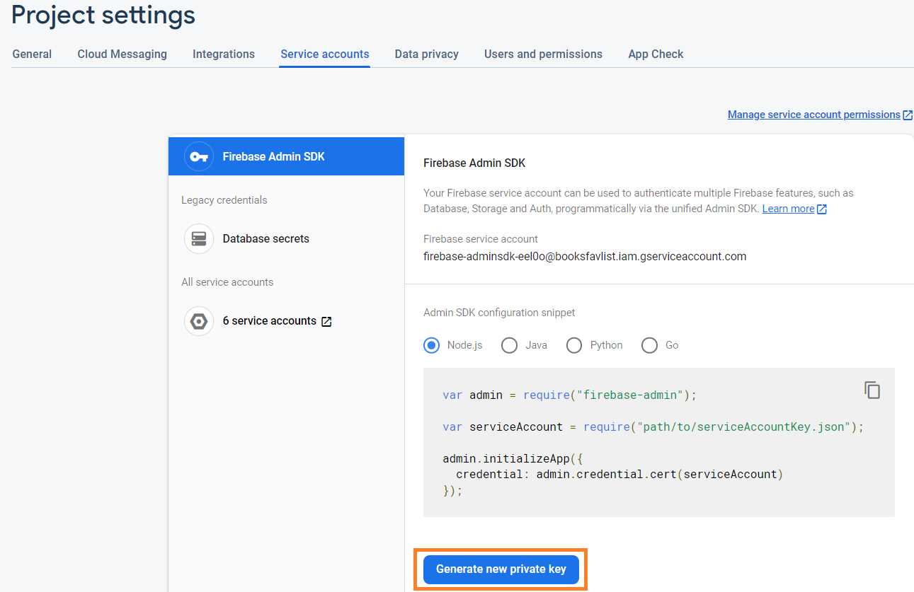 Project settings—Service accounts