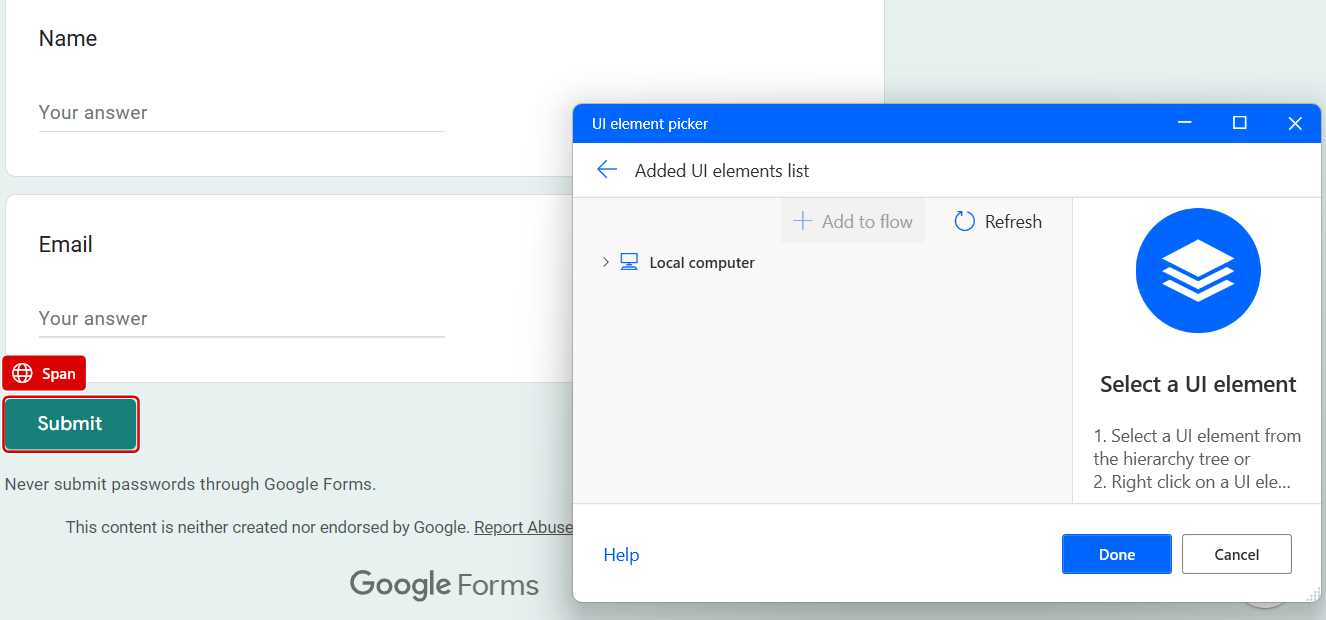 Adding the Submit Button Element (Before Ctrl + Mouse Click)