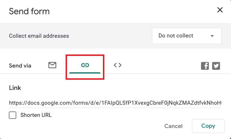 Google Forms—Send form Pop-up (Copy Link Tab Highlighted)