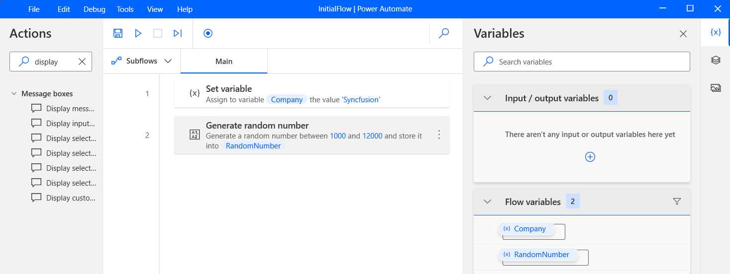 Power Automate Desktop (Searching for the Display message Action)