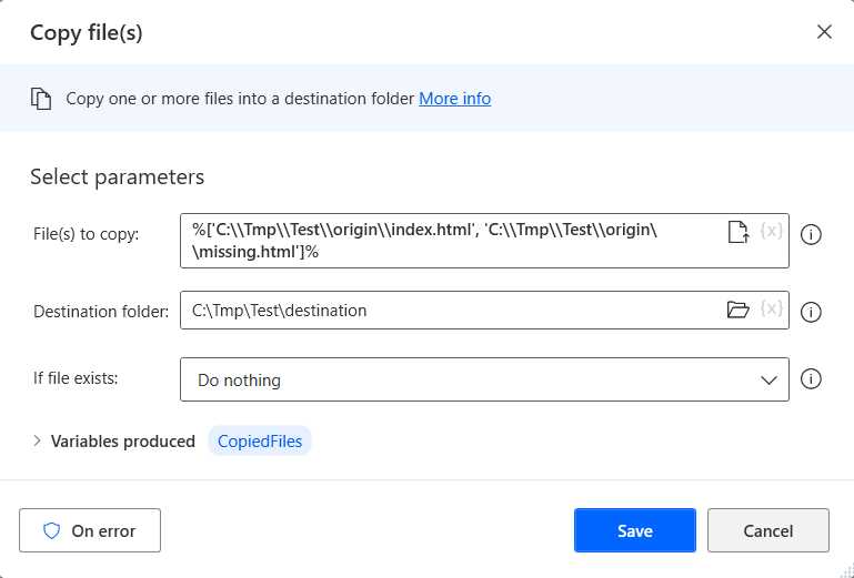 Power Automate Desktop (The Copy file(s) Action—Changed Details)