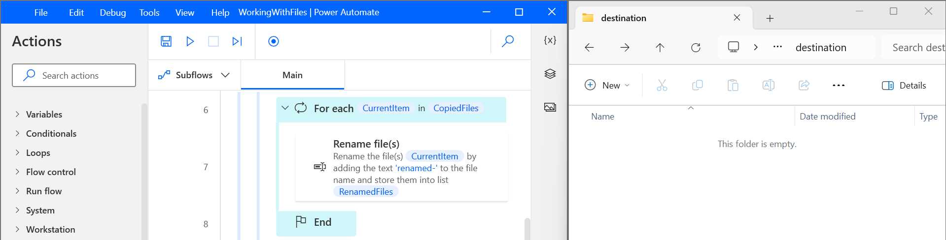 Power Automate Desktop (The Finished WorkingWithFiles Flow—Partial View) and Destination Folder, Side-by-Side