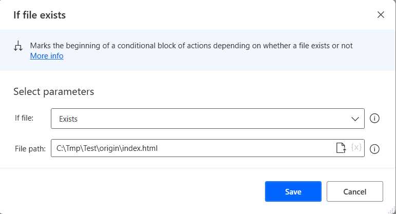 Power Automate Desktop (The First If file exists Action—Changed Details)