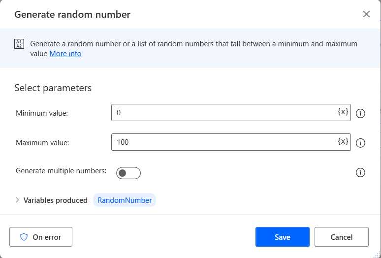 Power Automate Desktop (The Generate random number Action—Default Details)