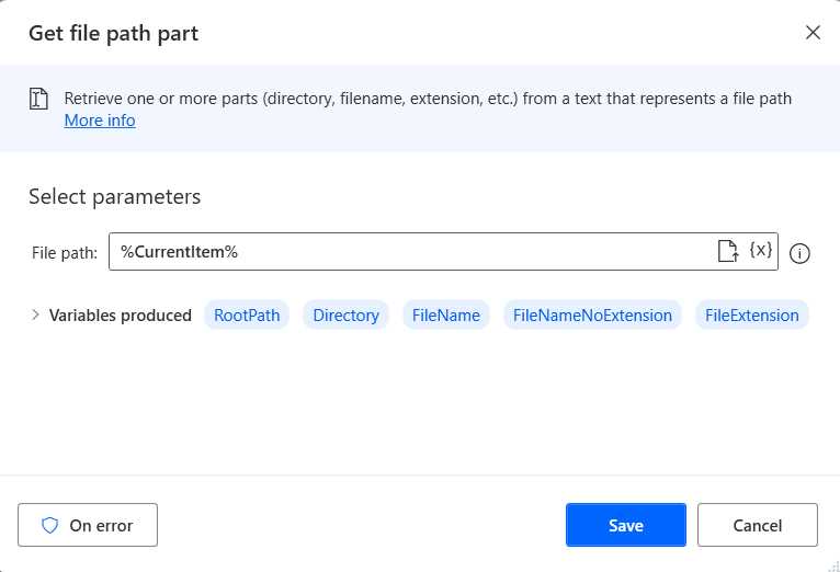 Power Automate Desktop (The Get file path part Action—Changed Details)