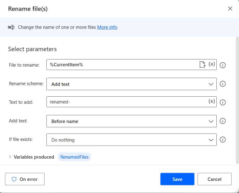 Power Automate Desktop (The Rename file(s) Action—Changed Details)