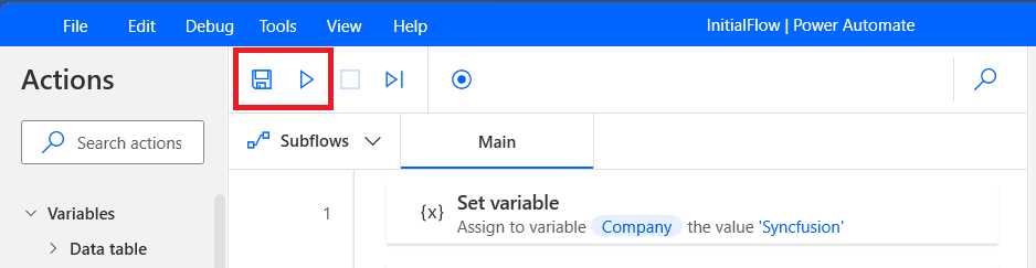 Power Automate Desktop (The Save and Run Flow Buttons)