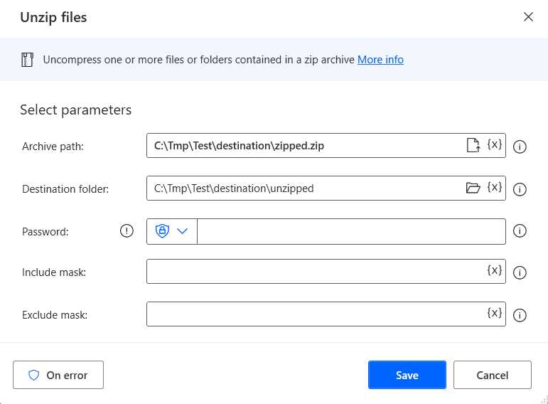 Power Automate Desktop (The Unzip files Action—Changed Details)