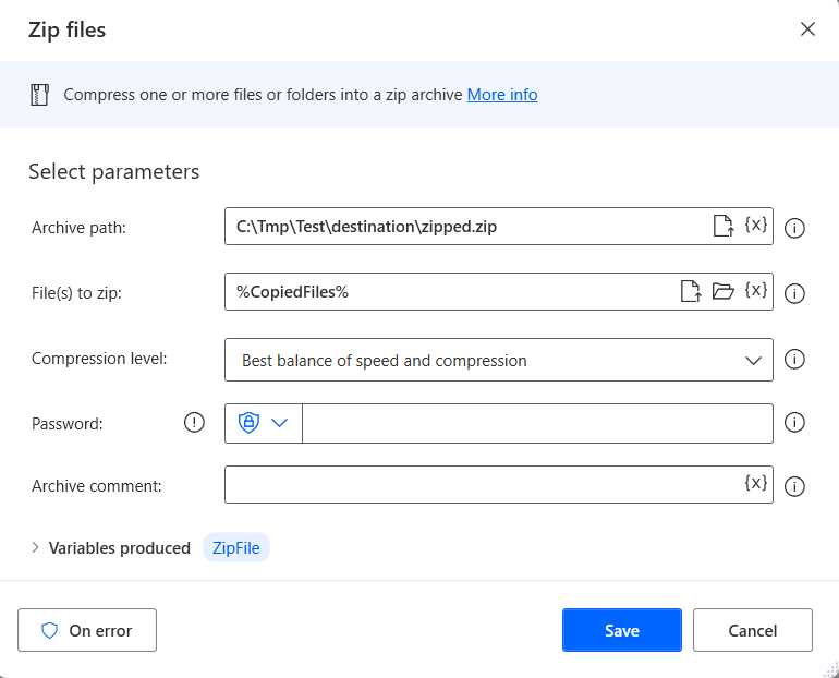 Power Automate Desktop (The Zip file Action—Changed Details)