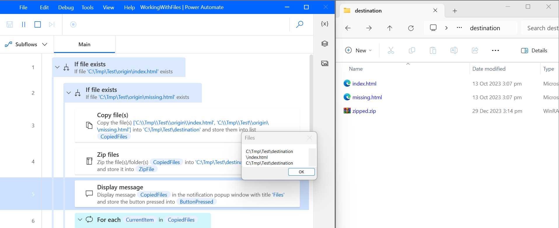 Power Automate Desktop (WorkingWithFiles Flow Execution—Partial View) and Destination Folder (During Execution—Part 1)