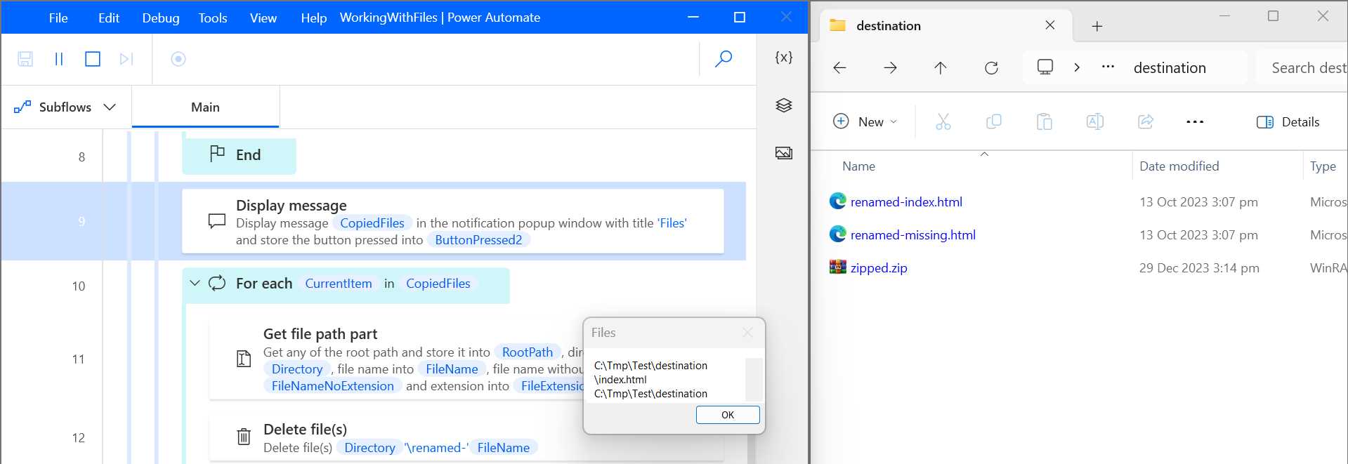 Power Automate Desktop (WorkingWithFiles Flow Execution—Partial View) and Destination Folder (During Execution—Part 2)