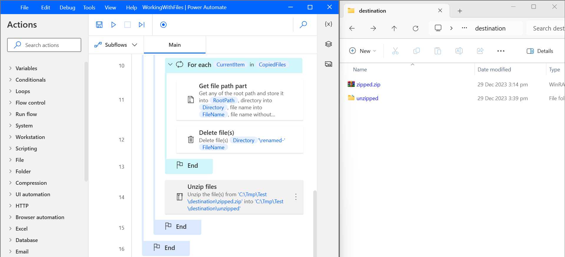 Power Automate Desktop (WorkingWithFiles Flow Execution—Partial View) and Destination Folder (During Execution—Part 3)