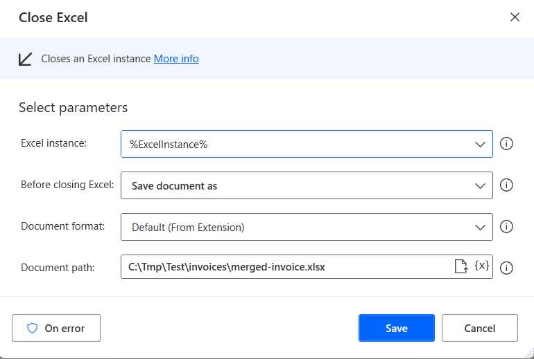 The Close Excel Action