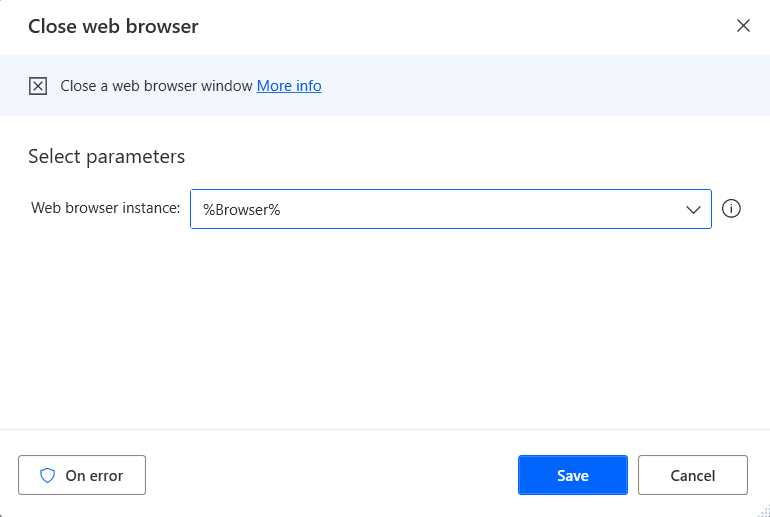 The Close web browser Action