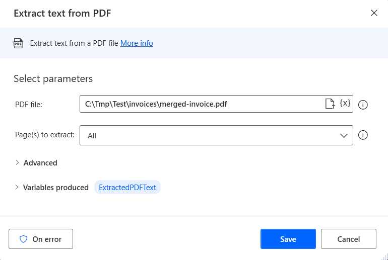 The Extract text from PDF Action