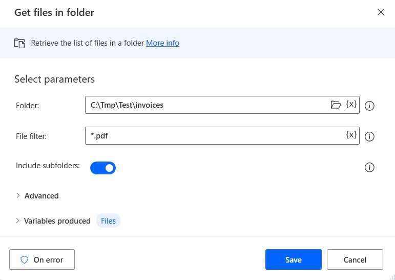 The Get files in folder Action