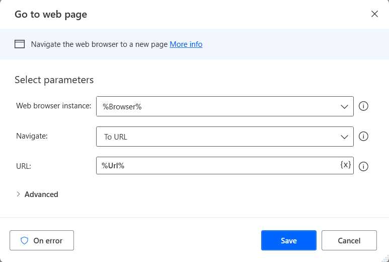 The Go to web page Action