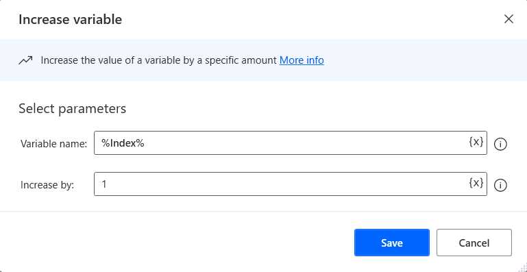 The Increase variable Action (Changed Details)