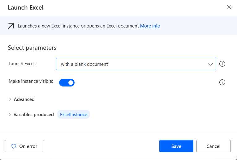 The Launch Excel Action