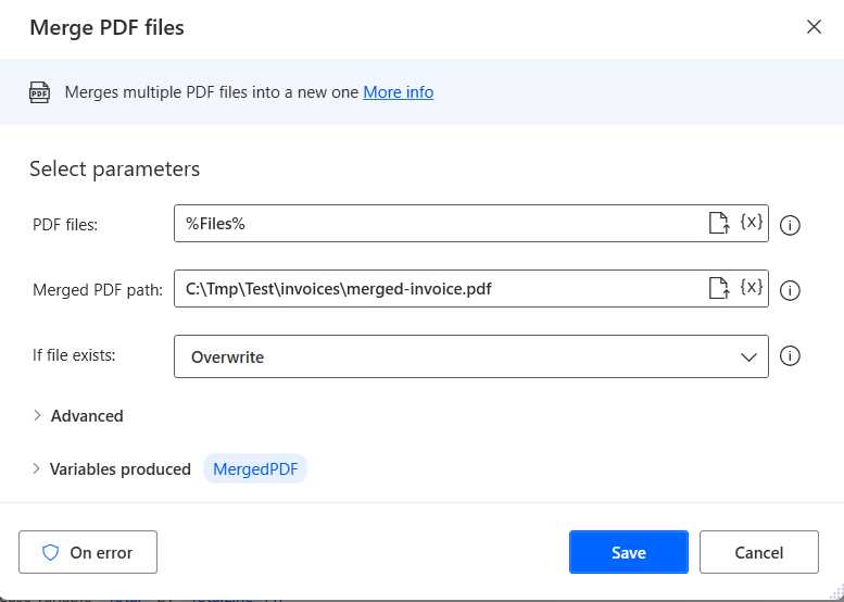 The Merge PDF files Action