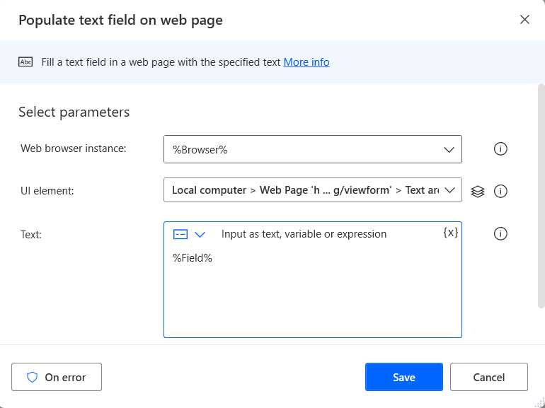 The Populate text field on web page Action (Feedback Field)