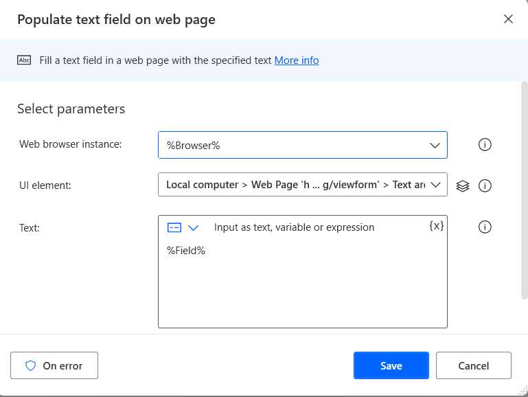 The Populate text field on web page Action (Suggestions for improvement Field)