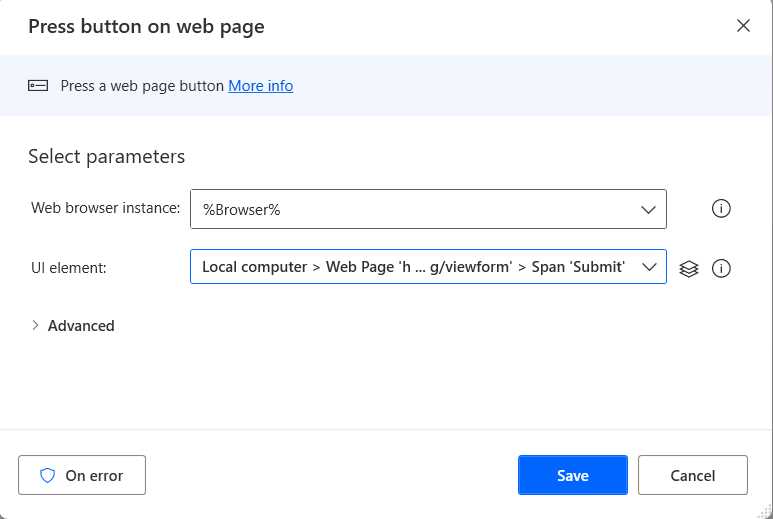 The Press button on web page Action