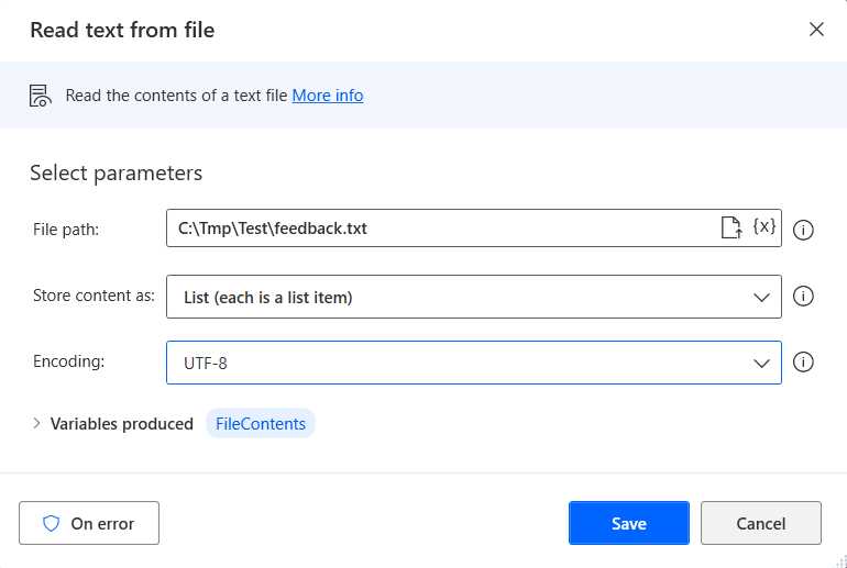 The Read text from file Action—(Changed Details)