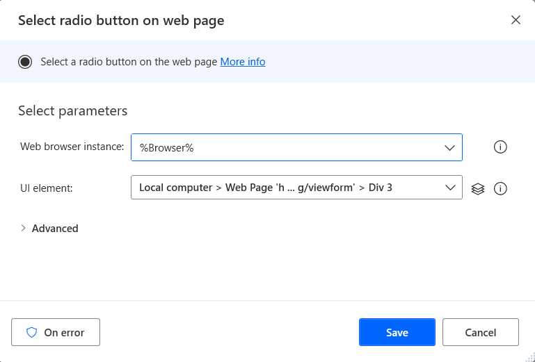 The Select radio button on web page Action (Bug Reports Option)