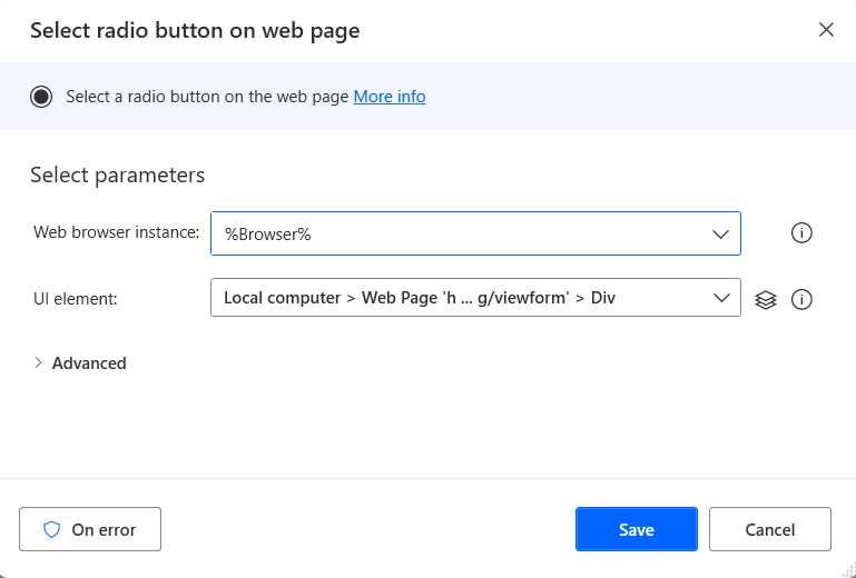 The Select radio button on web page Action (Comments Option)