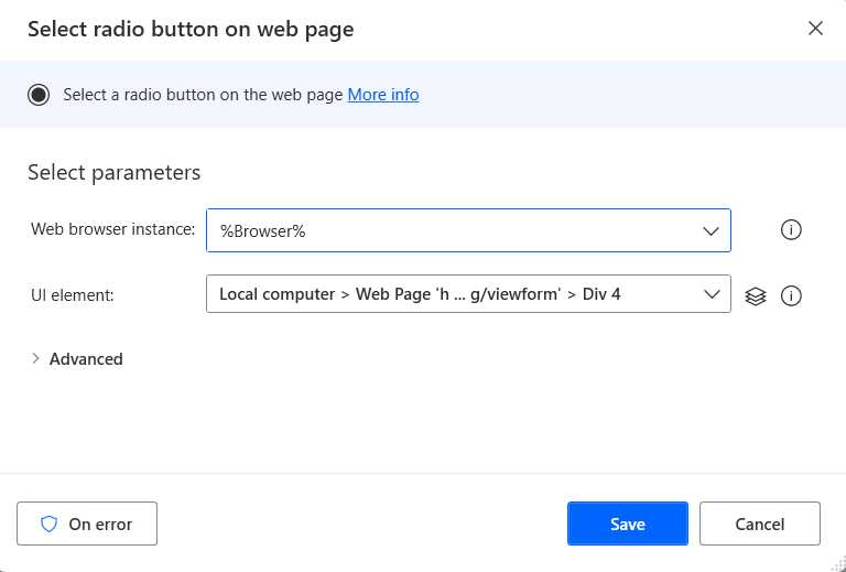 The Select radio button on web page Action (Feature Request Option)