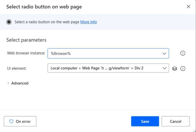The Select radio button on web page Action (Questions Option)