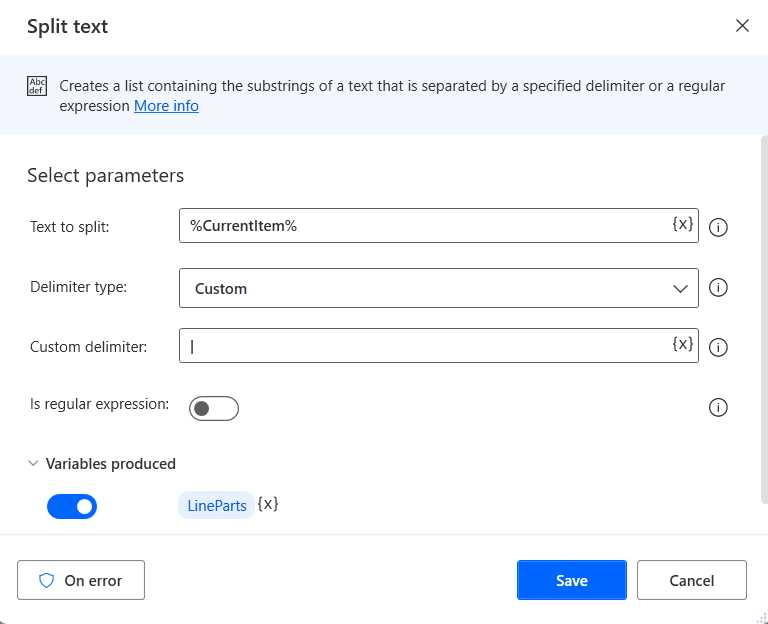 The Split text Action—(Changed Details)