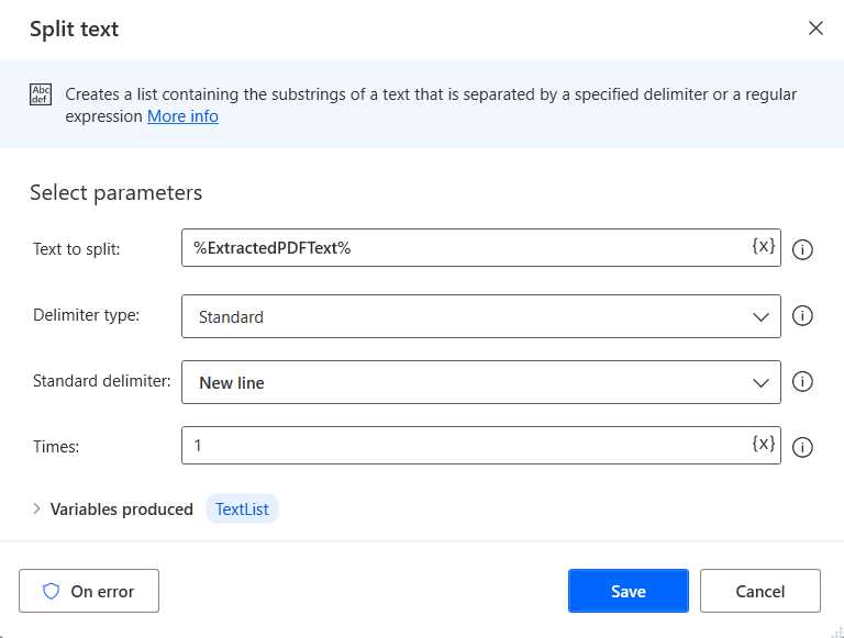 The Split text Action (For All the Text Lines)