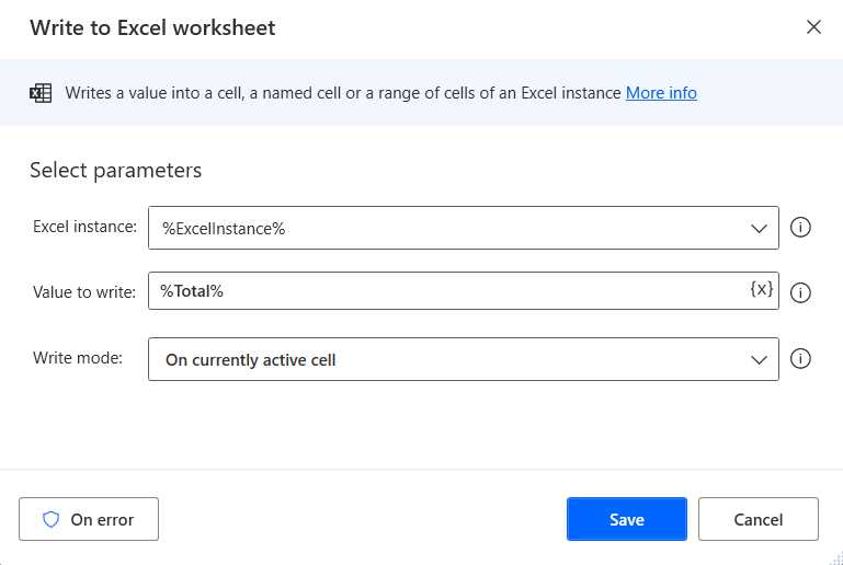 The Write to Excel worksheet Action