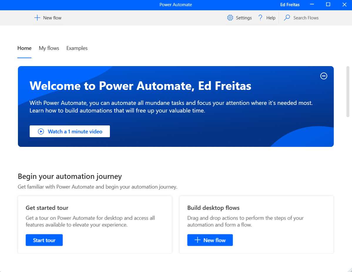 Welcome Screen—Power Automate Desktop