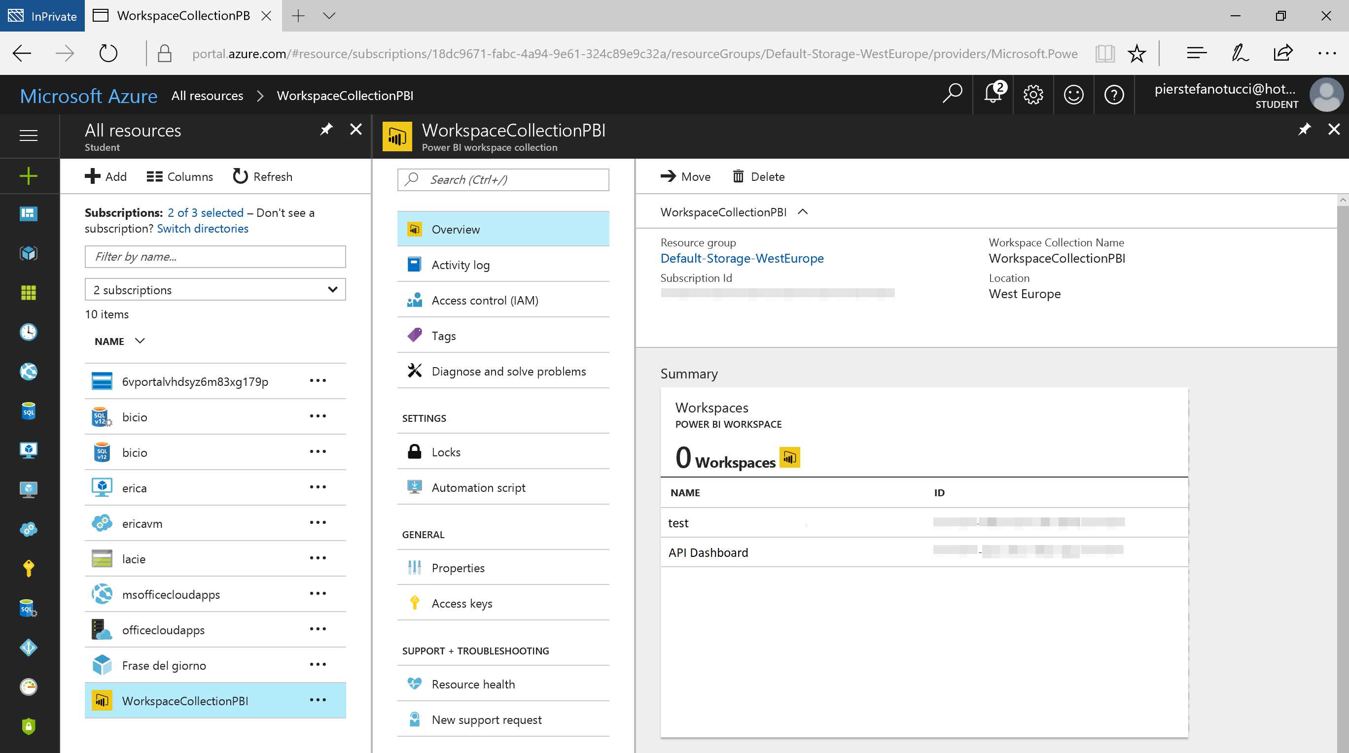 Azure Portal—Power BI Embedded, Workspace Collection