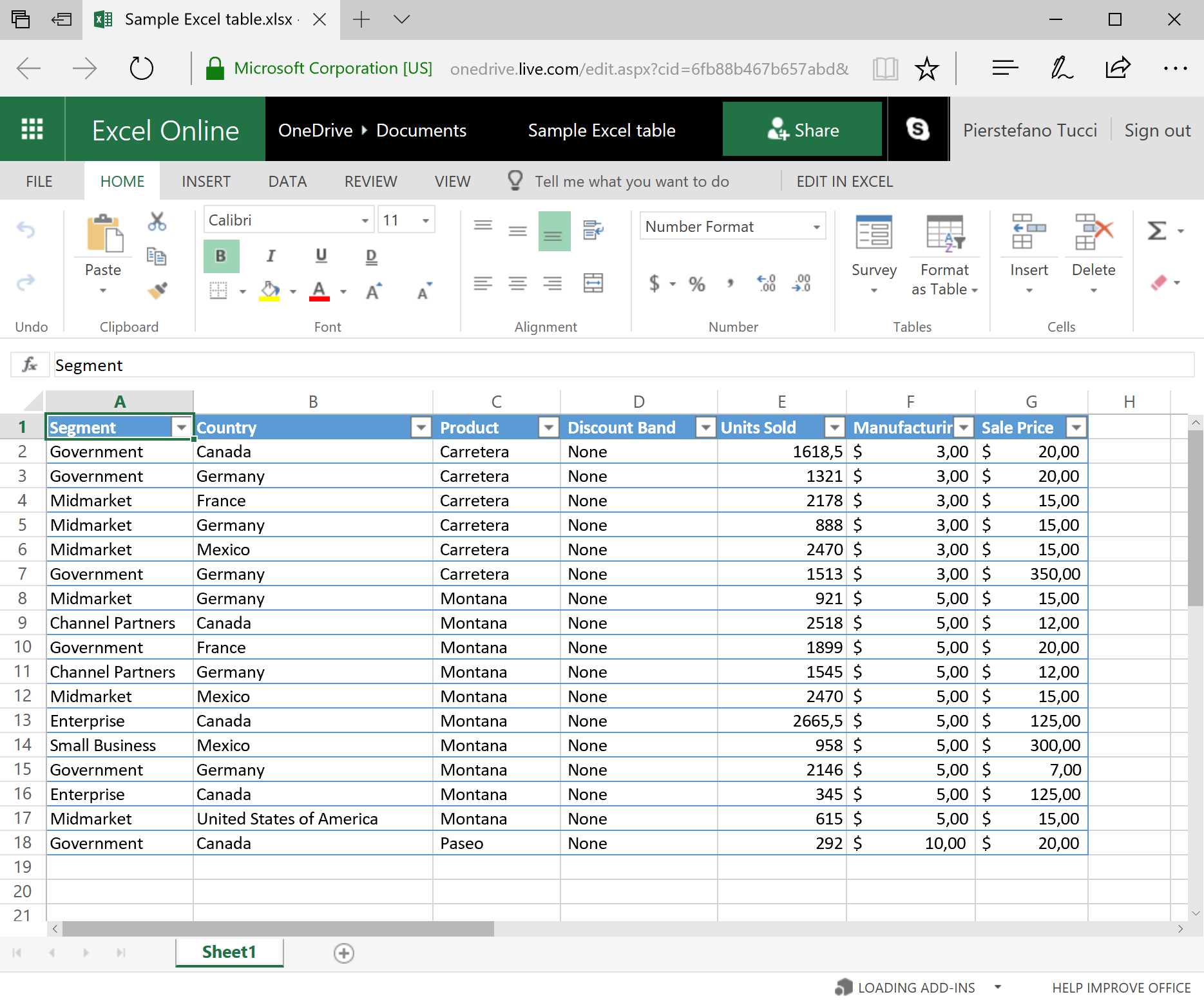Excel Online—sample Excel table