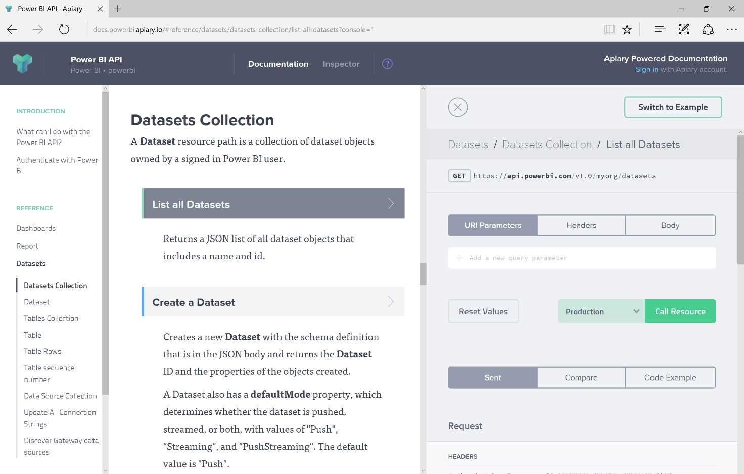 Power BI Console Portal—datasets collection