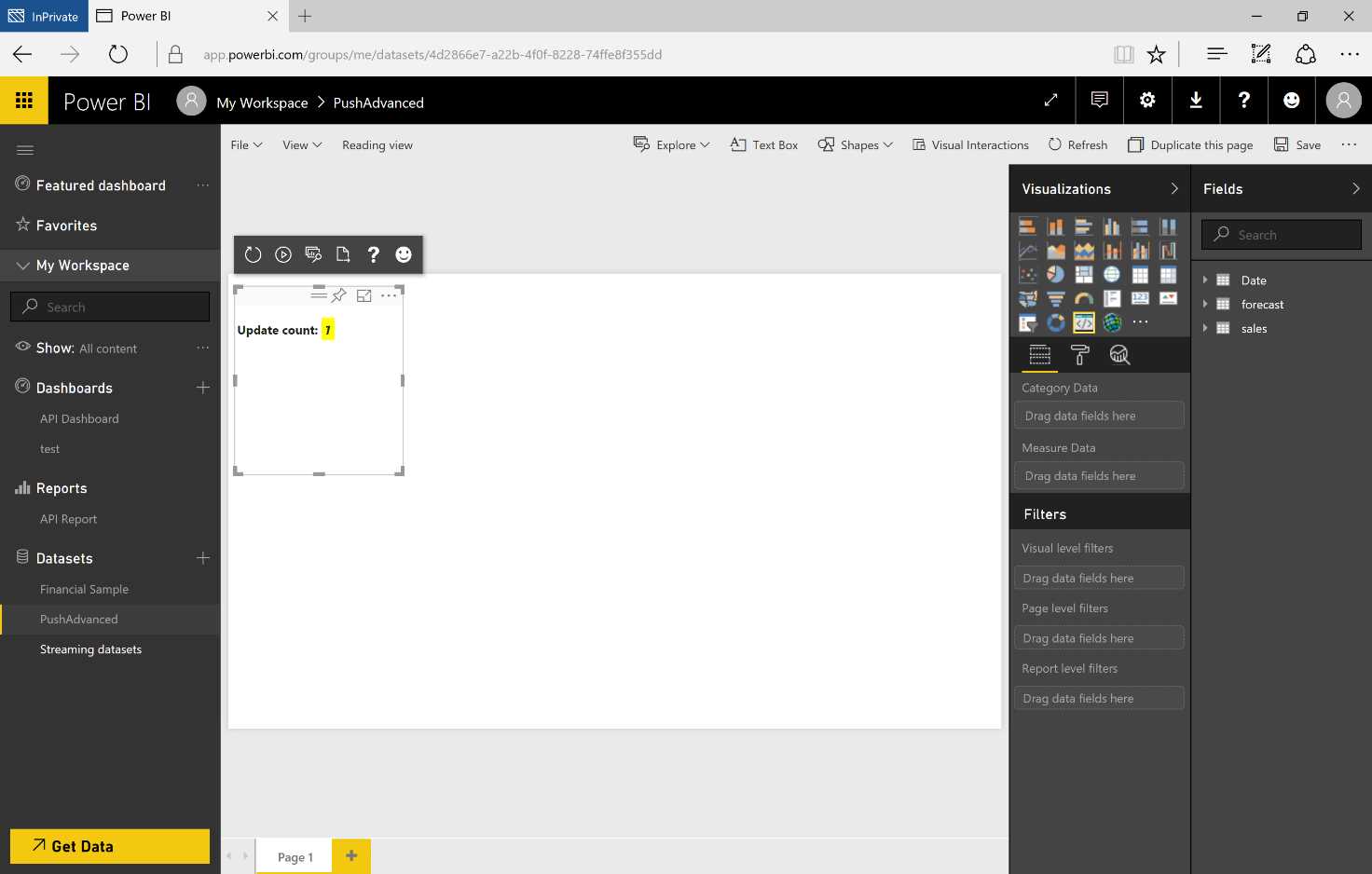 Power BI Service—report and new visual—sequence